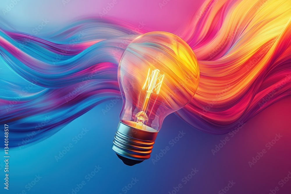 A glowing light bulb floats in a dynamic, colorful backdrop that features flowing waves in blue, pink, and orange shades. The design evokes a sense of creativity and inspiration.
