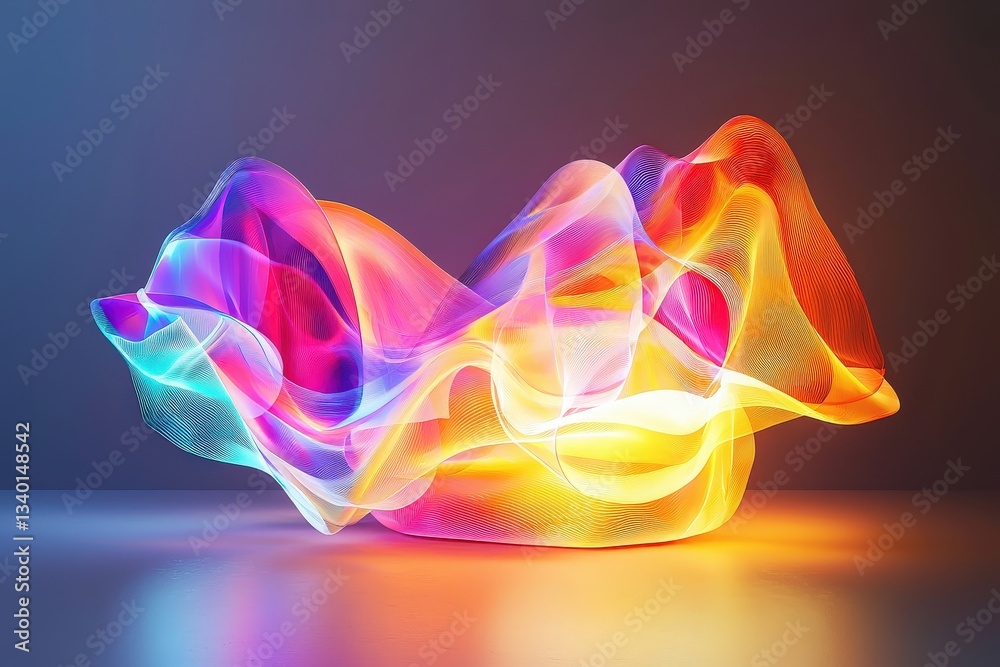 A vibrant, swirling formation of colorful lights creates an enchanting abstract wave. The dynamic shapes blend seamlessly, illuminating the surrounding space with a captivating glow.