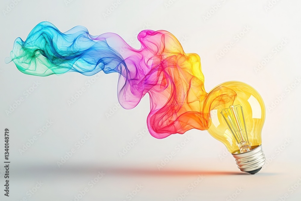 A light bulb radiates colorful smoke in shades of blue, purple, orange, and yellow, creating a dynamic and vibrant visual effect. The scene showcases creativity and imagination.