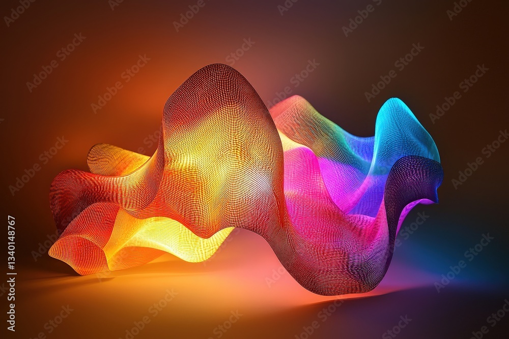 Colorful wave forms made from a mesh texture create an abstract display in a digital environment. The interplay of light highlights the curves and contours, showcasing creativity and design.