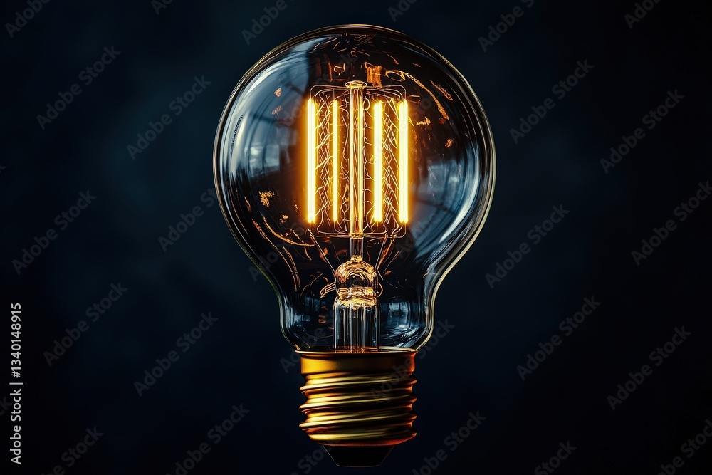 A vintage light bulb illuminates with warm, golden light. The intricate filament design is clearly visible, showcasing its unique shape. The dark background emphasizes its glow.
