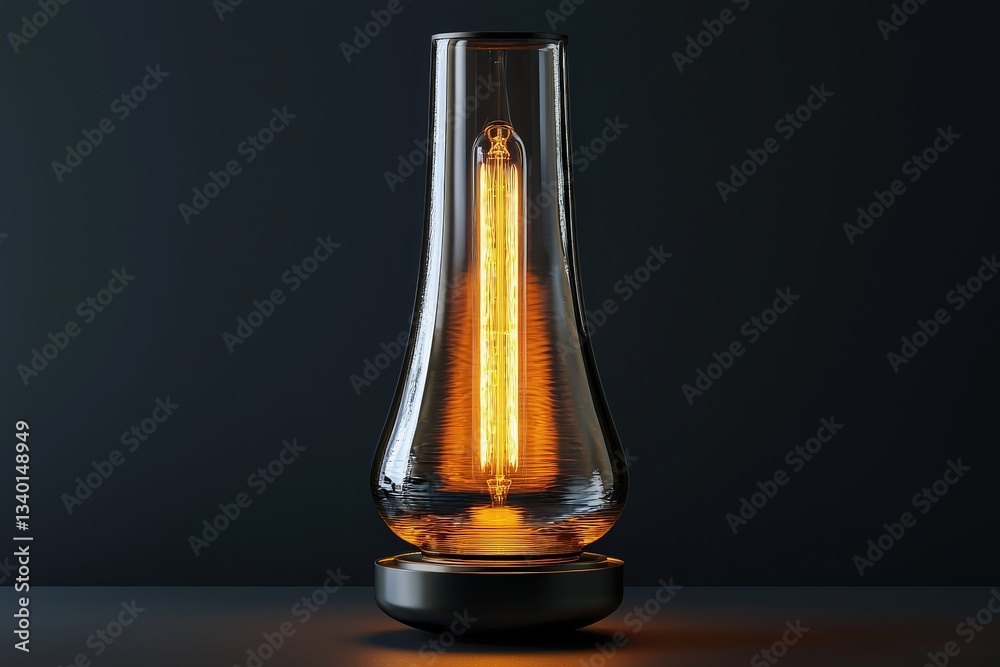 A striking glass lamp showcases a vintage-style filament bulb, casting a warm orange glow. The lamp stands on a solid black base, enhancing its modern aesthetic against a dark backdrop.