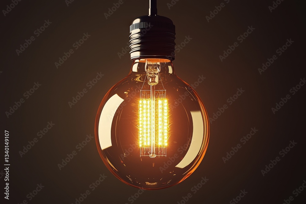 A vintage-style light bulb hangs from a cord, glowing warmly in a dark environment. The bulb features a filament design, adding a nostalgic charm while casting a cozy golden light.