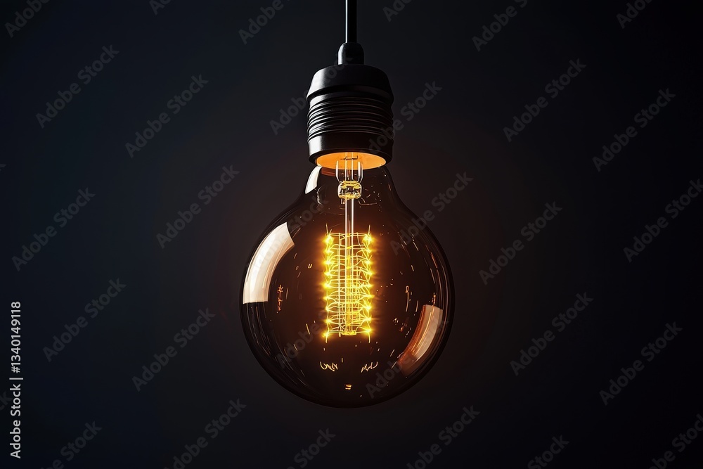 A vintage light bulb hangs from a black cord, glowing warmly in a dark environment. Its filament lights up, creating a striking contrast against the darkness, showcasing its intricate design.