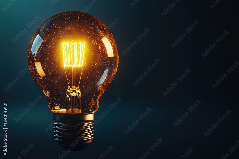 A vintage light bulb glows warmly, highlighting its intricate filament design. The bulb is centered against a dark backdrop, creating a striking contrast that captures attention.