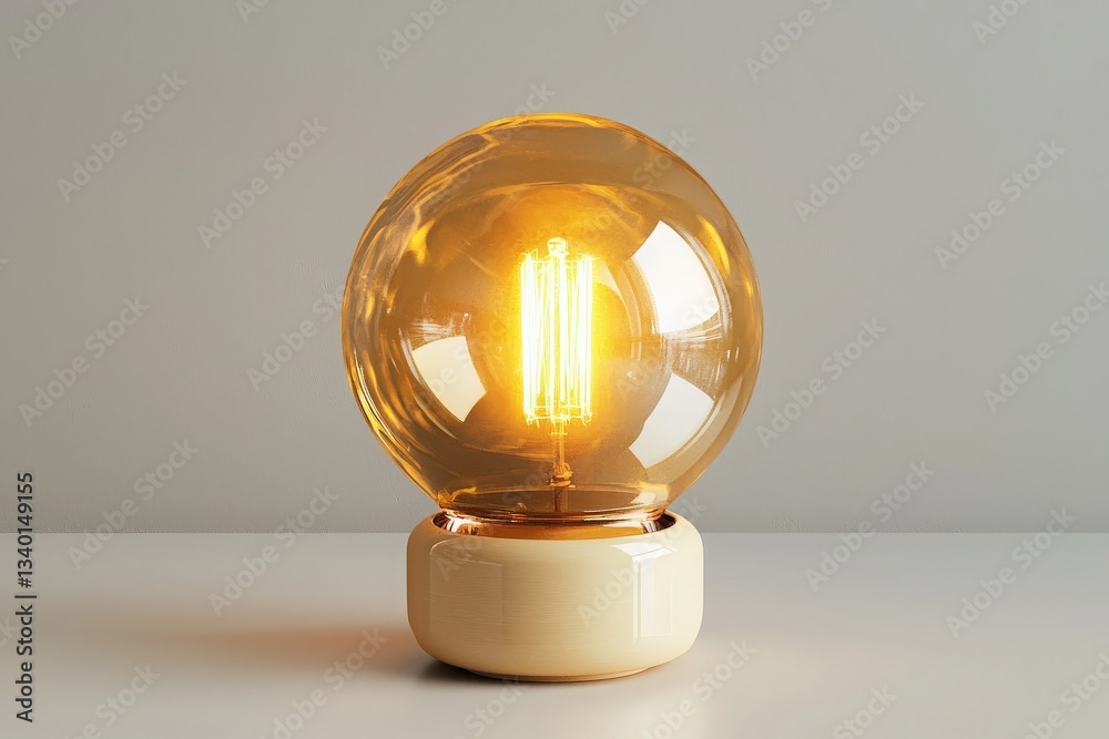 A decorative lamp featuring a transparent round glass shade emits a warm light. It rests on a simple beige base, highlighting elegant design in a modern setting.