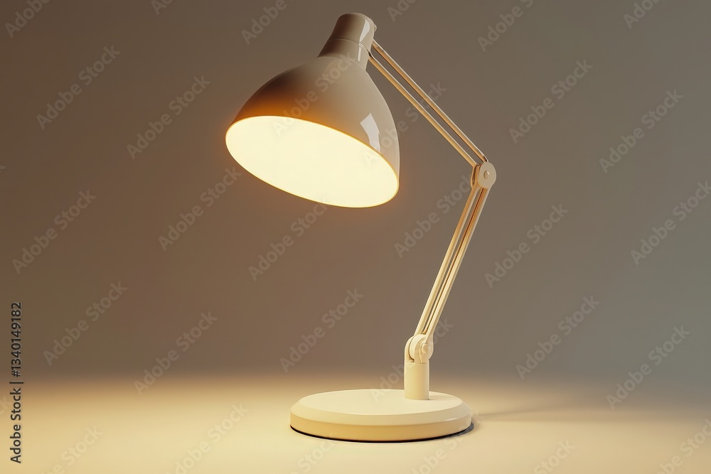 A modern desk lamp stands on a simple surface, casting warm light in a cozy workspace. The minimalist design and adjustable arm enhance functionality, perfect for reading or studying at night.