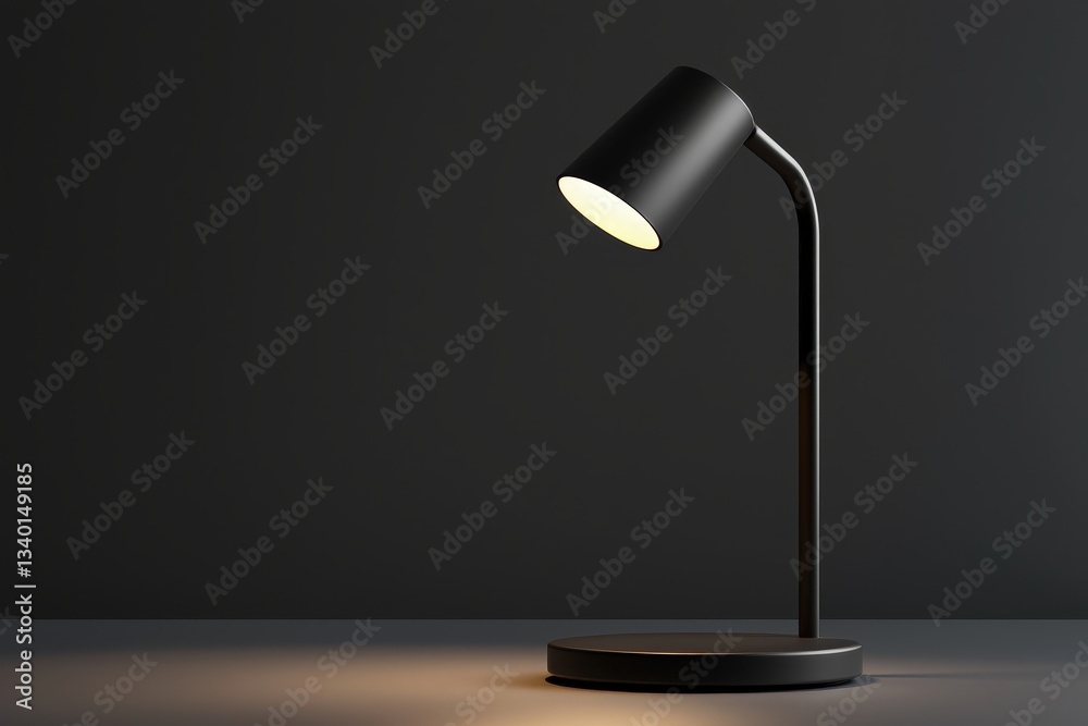 A sleek black desk lamp stands on a flat surface, casting a warm light in a dark environment. Its minimalist design enhances the atmosphere of the workspace, creating a cozy ambience.