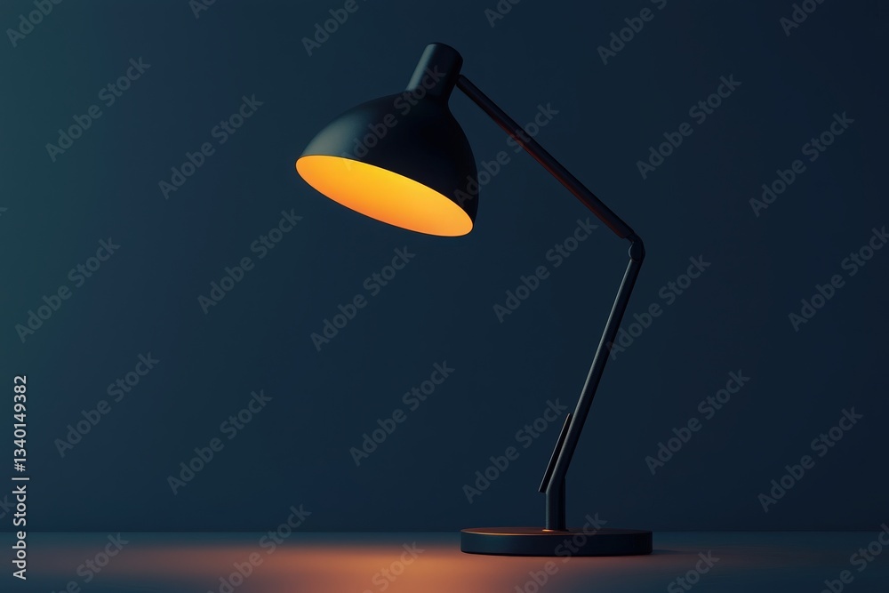 A sleek desk lamp with a black body and warm golden light stands on a tabletop. The design is modern and functional, enhancing the ambiance of the dimly lit room.