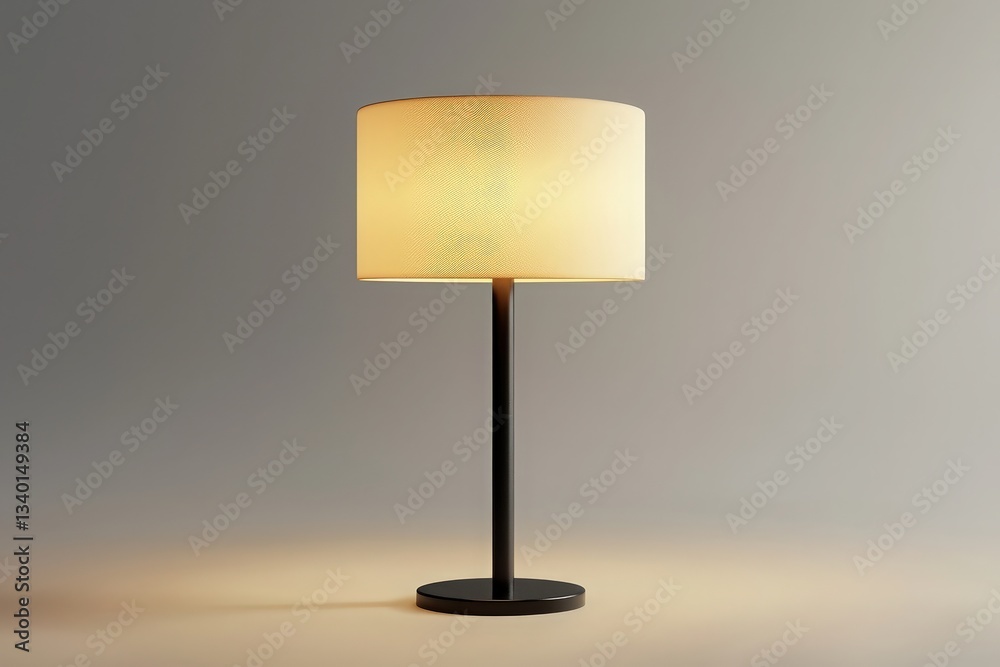 A stylish table lamp stands on a flat surface, featuring a cylindrical shade that emits a soft warm light. The lamps minimalist design enhances the airy, serene atmosphere.