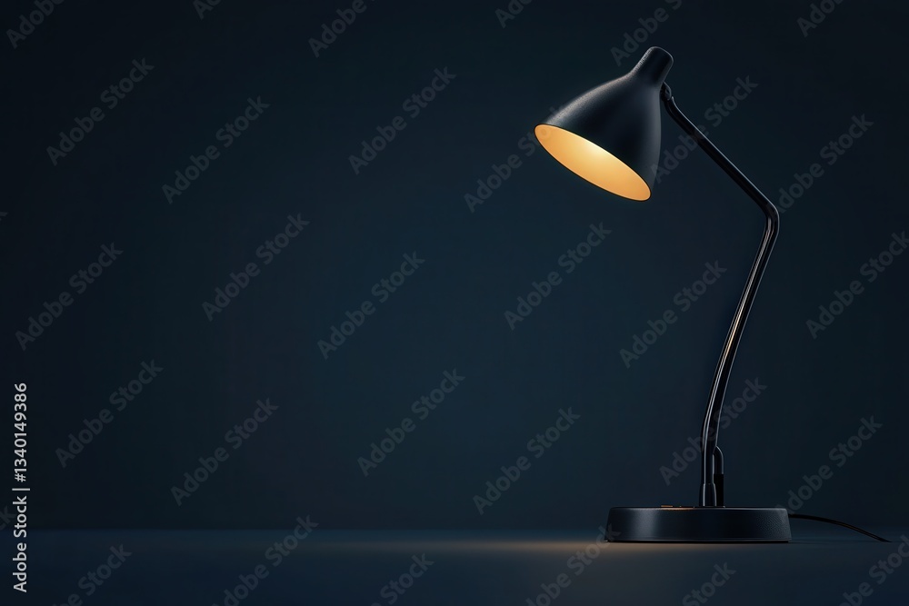 A sleek black desk lamp stands alone against a dark backdrop, casting a warm glow. The design is minimalist, emphasizing its elegant silhouette and the contrast with the surrounding shadows.