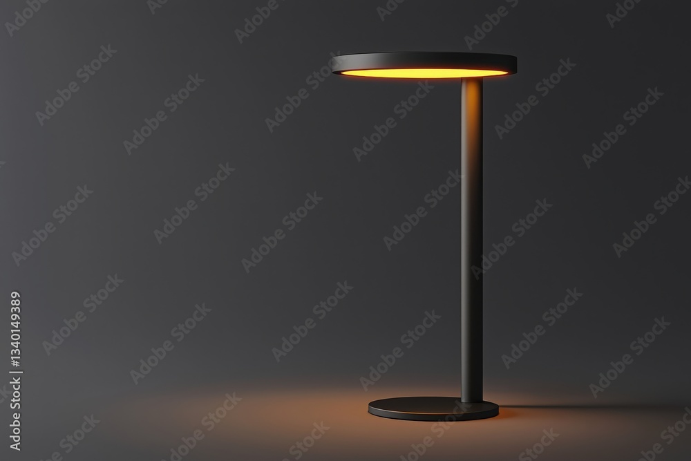 A sleek black lamp stands upright, emitting a soft, warm light against a dark background. The simplicity of its design enhances the ambiance of the room, perfect for relaxation.