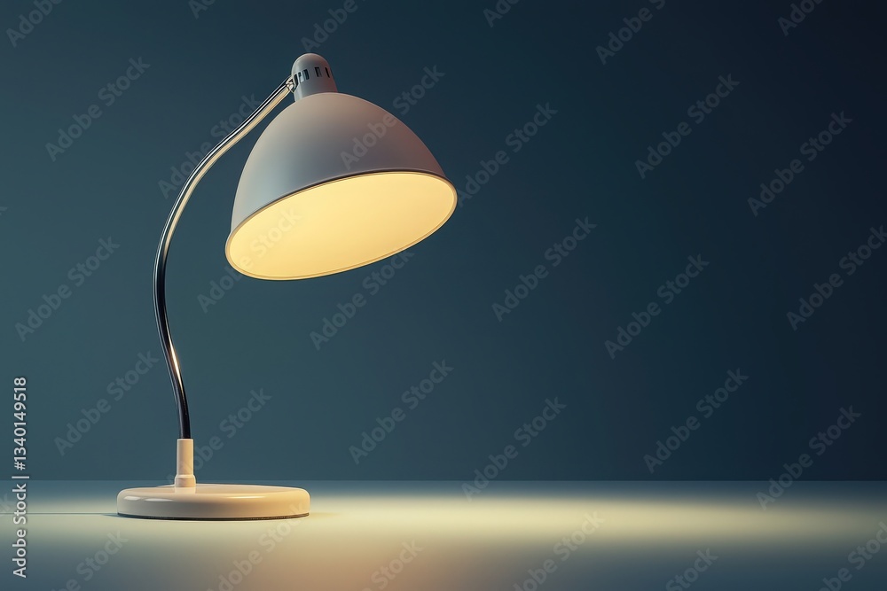 A modern desk lamp with a curved neck and a white shade casts a warm light onto a smooth surface, creating a serene and inviting ambiance in a simple workspace setting.