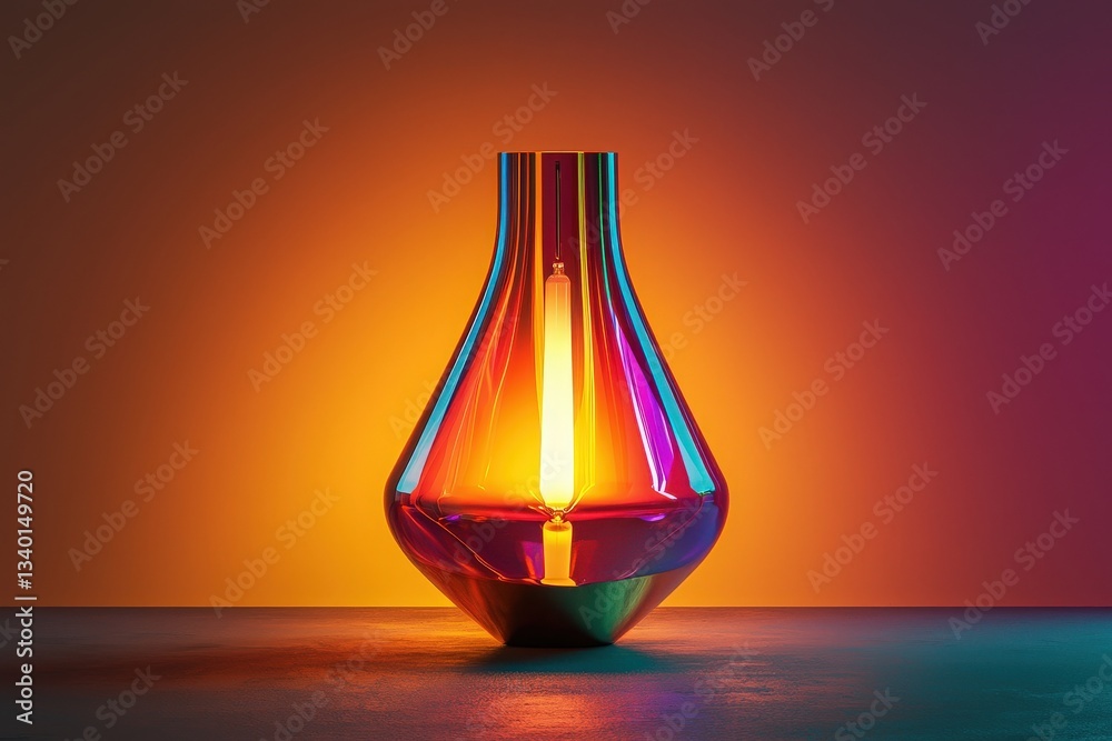 A sleek lamp with a unique design displays a warm glow, casting colorful reflections on the surface. The atmosphere is transformed with an inviting and stylish ambiance that captivates the viewer.