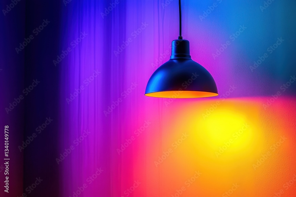 A black pendant light hangs from the ceiling, casting a warm glow onto a wall that transitions through shades of purple and yellow, creating a soft and inviting atmosphere in the space.