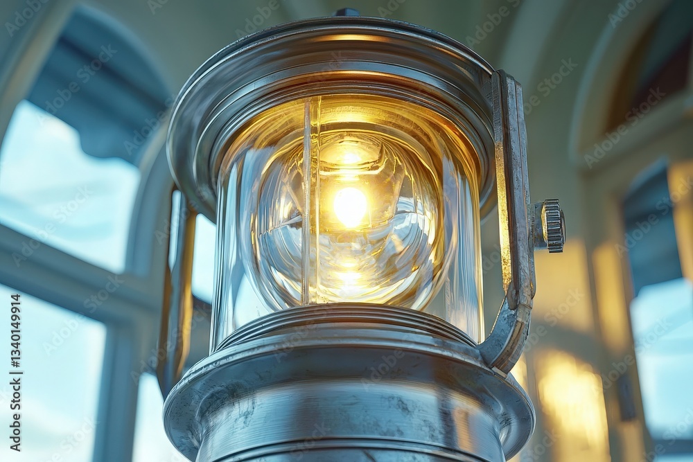 A vintage lantern with a warm glow enhances the atmosphere of a tranquil indoor setting. The light shines softly through the glass, casting gentle reflections against the surfaces.