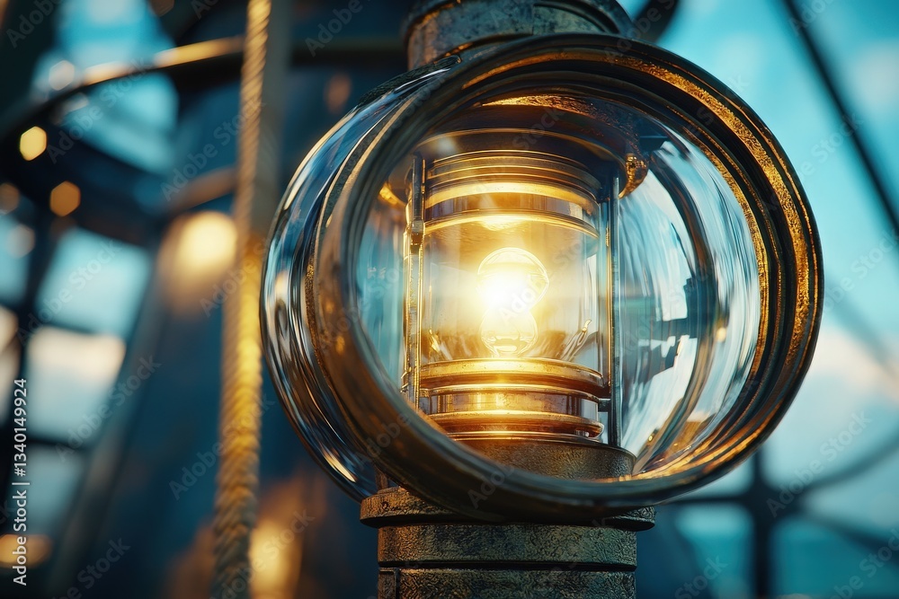 A vintage glass lantern illuminates the scene with warm light, mounted on a historical ship. The vibrant blue backdrop enhances the nautical atmosphere, evoking a sense of adventure.