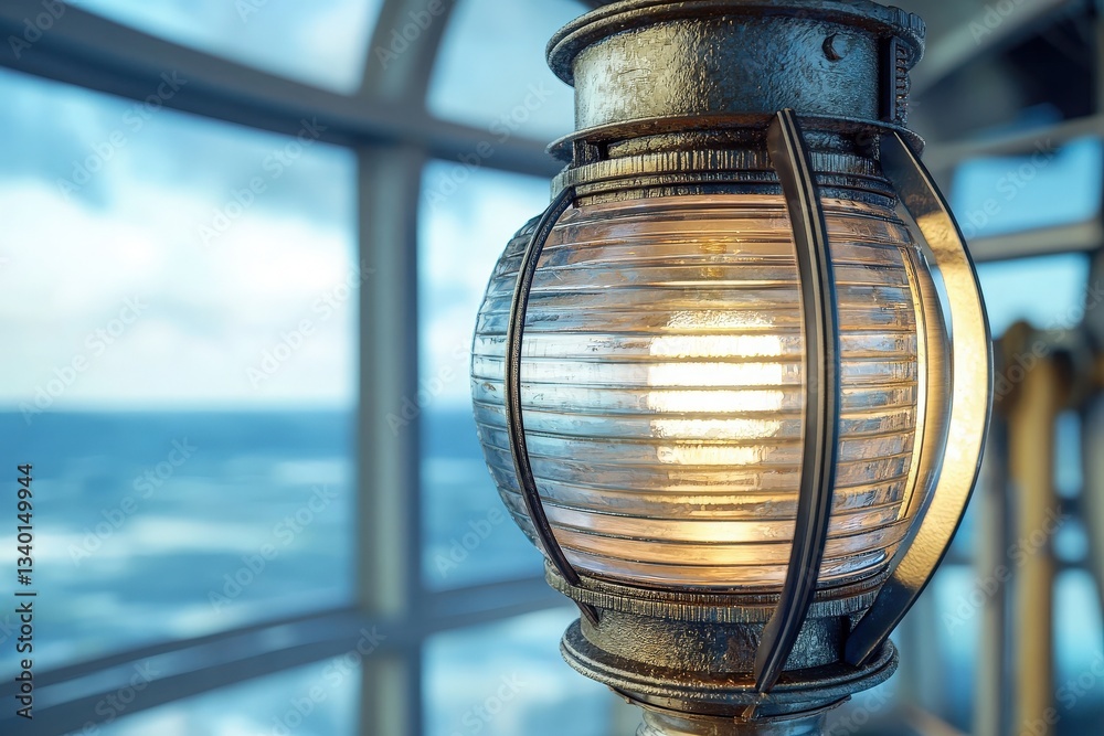 A decorative lantern emits a warm glow on a ship, with the ocean visible through glass windows. The scene captures the serene ambiance of maritime life on a clear day.
