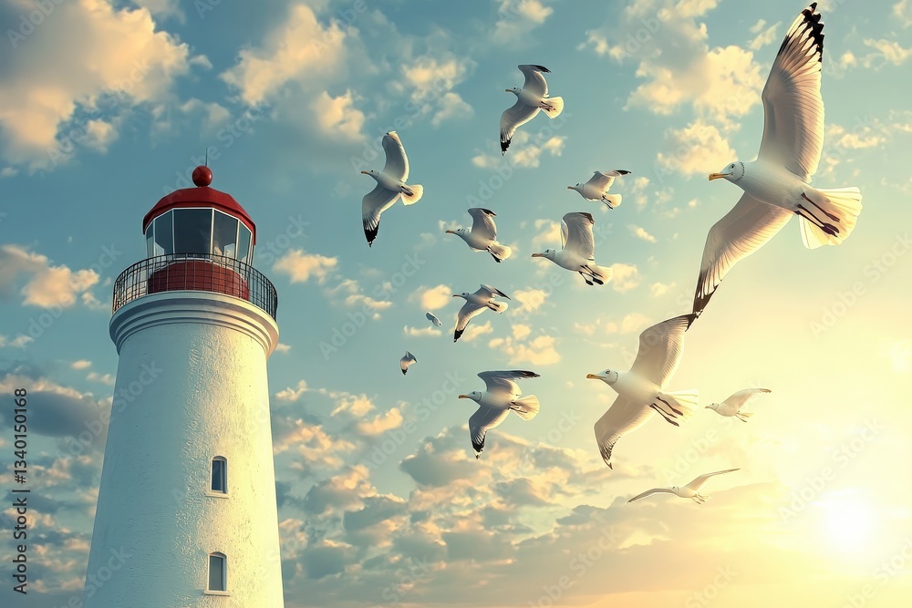 A tall lighthouse is illuminated by the soft glow of the setting sun. Seagulls soar gracefully in the sky, creating a serene coastal atmosphere. The clouds add depth to the beautiful scene.
