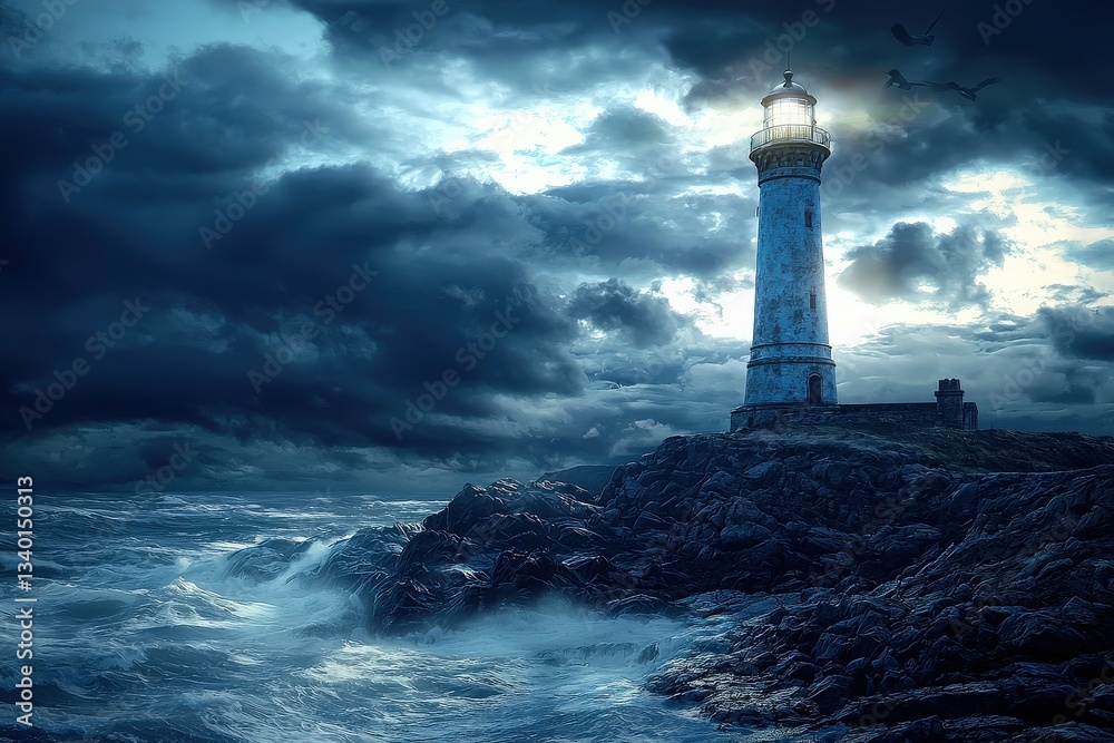 A tall lighthouse stands on rocky terrain as heavy clouds loom overhead. Waves crash dramatically against the rocks below. The beacon of light shines through the darkness, guiding vessels.