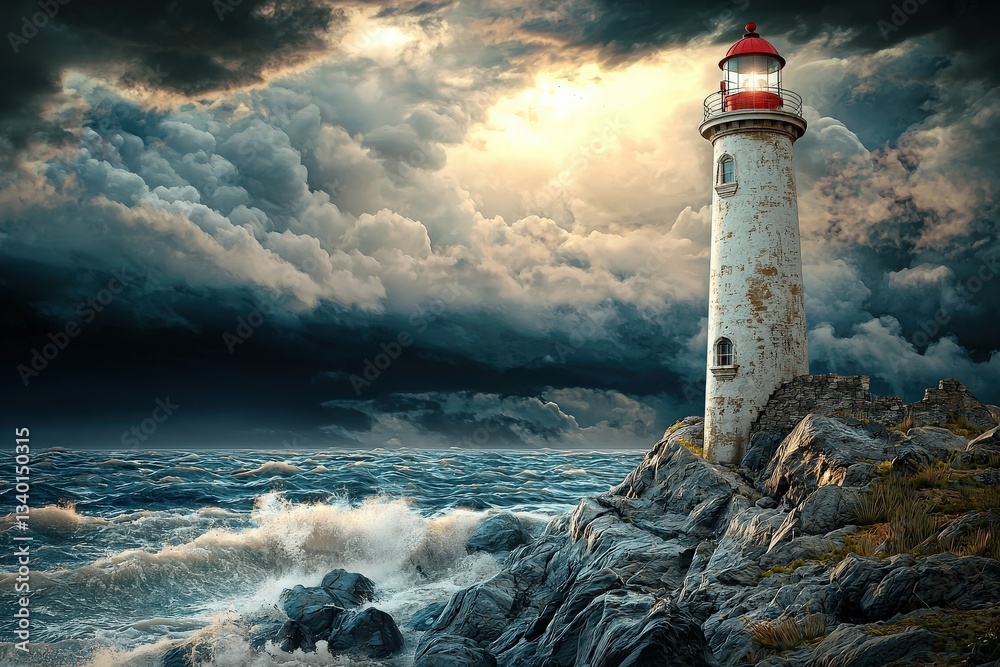 A lighthouse stands majestically on rocky cliffs, surrounded by crashing waves. Dark clouds fill the sky as strong winds whip through the scene, highlighting natures raw power.