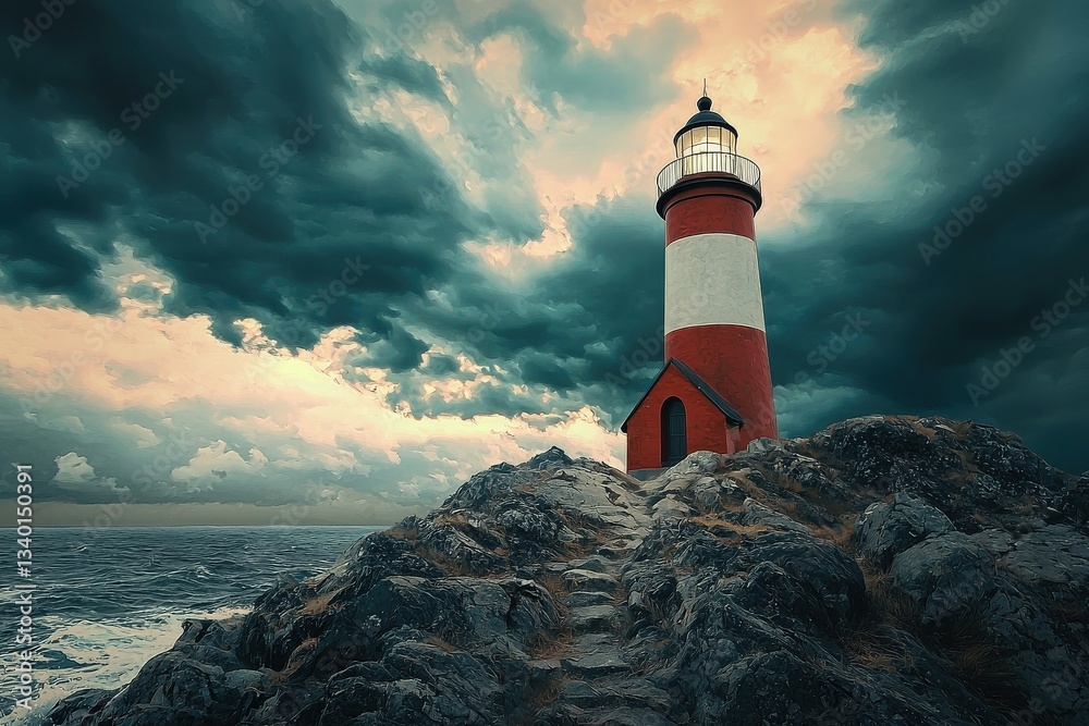 A striking lighthouse is perched on a rocky shore, illuminated against dark, stormy clouds. The crashing waves highlight the isolation of the structure as natures fury unfolds.