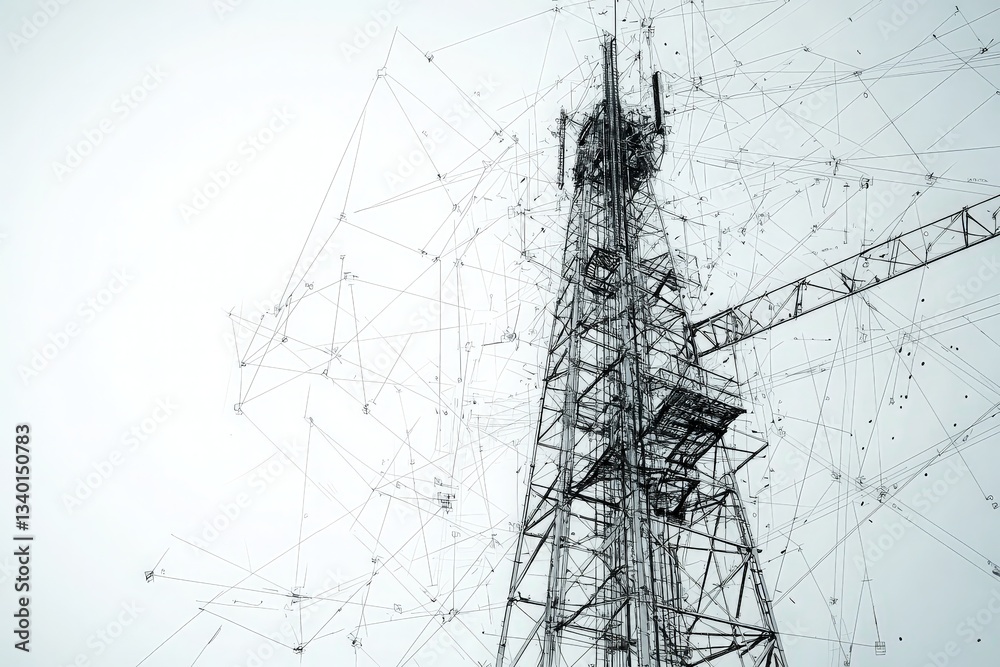 A communication tower stands tall against a cloudy sky, intricately connected with abstract lines resembling a network. This structure exemplifies modern urban technology and connectivity.