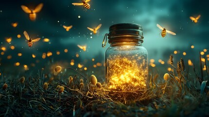 Poster - A swarm of glowing bioluminescent alien insects moving in mesmerizing synchronized patterns over an ethereal otherworldly landscape  Futuristic
