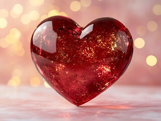 Poster - A shimmering red glass heart resting on a pink surface