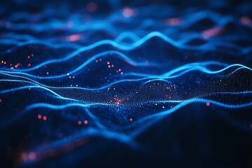 Poster - Abstract digital background featuring wavy blue lines and glowing particles