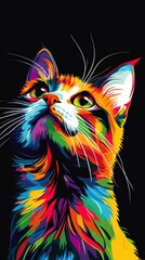 Poster - Colorful digital illustration of a cat with vibrant rainbow tones. Modern art concept