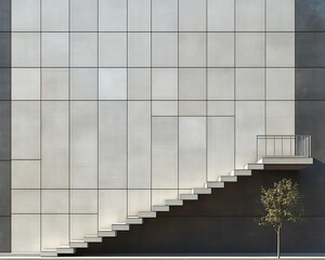 Poster - exterior modern architectural structure with staircase and minimalist tree near it