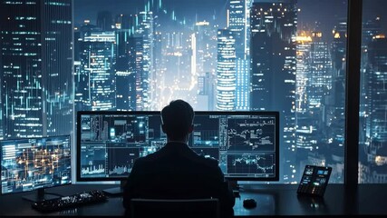 Fototapete - Nighttime cityscape view from an office with a person working on multiple monitors