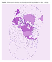 Poster - World Map. Modified stereographic projection for the United States including Alaska and Hawaii. Countries style. High Detail World map for infographics, education, reports, presentations.