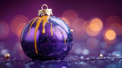 Poster - Purple Christmas bauble with gold paint drips, festive abstract background