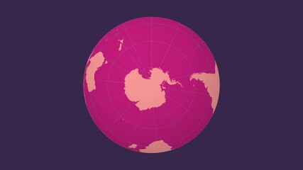 Poster - Spinning planet. South pole sphere view. Slow speed globe rotation. Solid color style. World map with graticule lines on dark background. Vibrant animation.