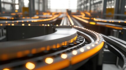 Poster - Illuminated conveyor system transports items through automated industrial warehouse