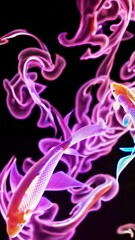 Poster - Colorful neon koi fish swim through vibrant swirls of light and motion