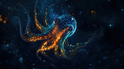 Poster - An illuminated orange and blue glowing octopus in dark water