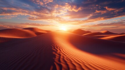 Wall Mural - Sunset over vast desert dunes with dramatic sky, serene landscape. Natural beauty concept