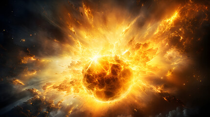 Wall Mural - massive explosion of fire erupting in space with alien landscapes in the background of a distant exo