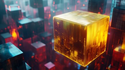 Poster - Floating golden digital cube in a futuristic cityscape, technology concept