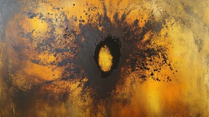 Poster - An abstract art painting displays dark colors surrounding a yellow core