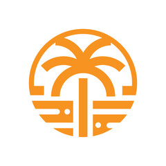 Aufkleber - The image shows an abstract flat logo design of a palm tree on an oasis in round shape. The logo looks clean and sharp in orange color on a white background.