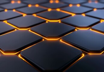 Poster - Abstract background of dark gray square tiles with glowing orange edges, creating a technological or futuristic feel. The image is sharp and detailed, showing the texture and lighting effects.