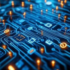 Poster - Abstract close up of a circuit board with glowing blue and orange nodes, representing digital technology and connectivity.