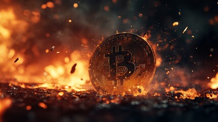 Poster - Bitcoin coin amidst glowing embers and fiery backdrop. Cryptocurrency power concept