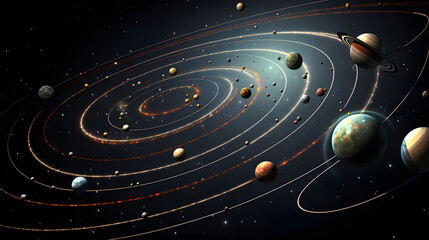 Poster - A detailed representation of planets and their orbits displayed in a vibrant cosmic setting that captures the essence of exo-solar systems.