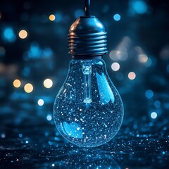 Poster - Close up view of a glass lightbulb filled with sparkling blue particles, hanging against a dark background with bokeh lights. The bulb has a metallic base and reflects light.
