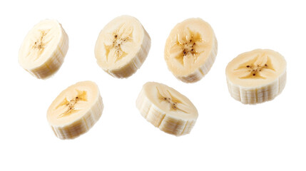 Poster - Perfectly sliced banana pieces levitating on a clean white background with a modern minimalistic aesthetic
